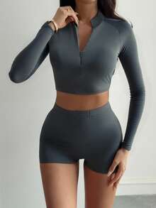 GAOVOT Women's Two Pieces Sexy Athleisure Running Exercise Yoga Long Sleeve Top And Shorts Set