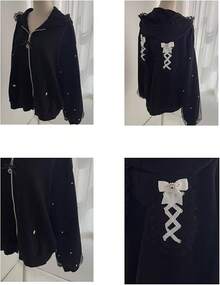 Women Cute Bunny Ear Long Sleeve Fuzzy Fluffy Rabbit Tops Sweatshirt Hoodie Coats - 弓黑色 - 查看 6