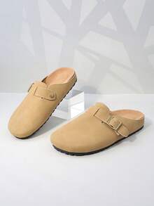 1 Pair Teens' Metal Buckle Decor Plush Material Comfortable Casual Square Toe Flat Slip-On Slippers, Soft Thick Sole, Suitable For Daily Indoor/Outdoor Wear