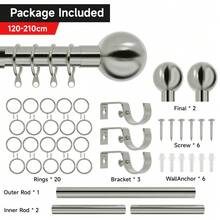 Curtain Pole Extendable Metal Chrome 28mm With Finials Rings Hooks Rod Fittings - Brushed Silver - 查看 7