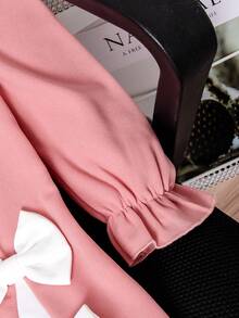 Girls' Pink Pearl Bowknot Dress, Sweet Pink Princess Dress With Pearl Collar + 3D Bowknot, Puff Sleeve Cute Style, Suitable For Birthday Party/Everyday Wear, Spring/Autumn/Winter - Red Violet - View 6