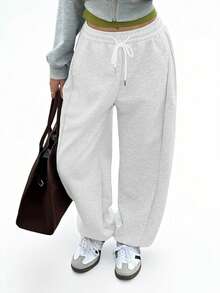 TCVC Women'S Casual High Waist Drawstring Loose Jogger Pants, High Elastic Waistband, Relaxed & Comfortable For Workout, Casual Wear, Back To School, Autumn/Winter Tights Spring Sports - Light Grey - View 2