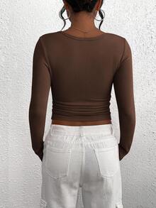 Women's Fall Long-Sleeved Henry Shirt T-Shirt Button Ribbed Knit Fashion Tight Basic Top Shirt - Brown - View 4