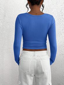 Women's Autumn Long-Sleeved Henry Shirt T-Shirt Button Ribbed Knit Fashion Tight Basic Top Shirt - Xanh đậm - Xem 6