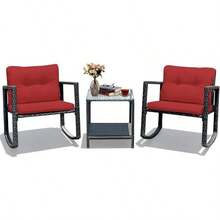 3 Pieces Patio Wicker Rocking Set, Outdoor Rocking Chairs And Table Set With Cushions, Glass Coffee Table With Storage Shelf, Suitable For Patio, Garden, Poolside, Balcony - 紅色 - 查看 2