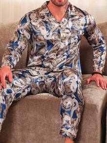 2pcs Men's Sleepwear Set, Long Sleeve Robe & Pants, Vintage Dragon Pattern Luxury Satin, All Season, Fall Clothes