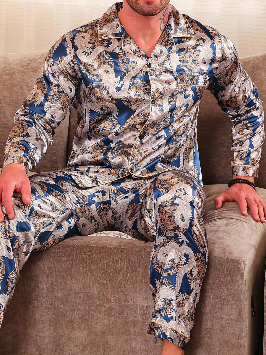 2pcs Men's Sleepwear Set, Long Sleeve Robe & Pants, Vintage Dragon Pattern Luxury Satin, All Season, Fall Clothes