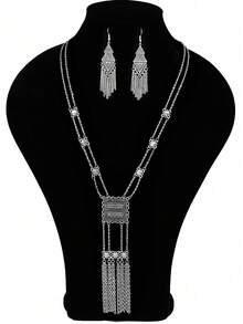TopHanqi 3 Pieces Of Retro-Style Ancient Silver Geometric Alloy Chain Tassel Long Earrings And Necklace Set For Women In All Seasons, Daily Life And Work, Street Photography, Simple, Fashionable And Elegant Accessories - Antique Silver - View 10