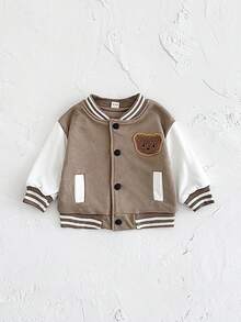 Newborn Baby Boys/Girls Thick Bear Embroidered Brown Baseball Jacket, Warm & Windproof For Autumn/Winter - Brown - View 7