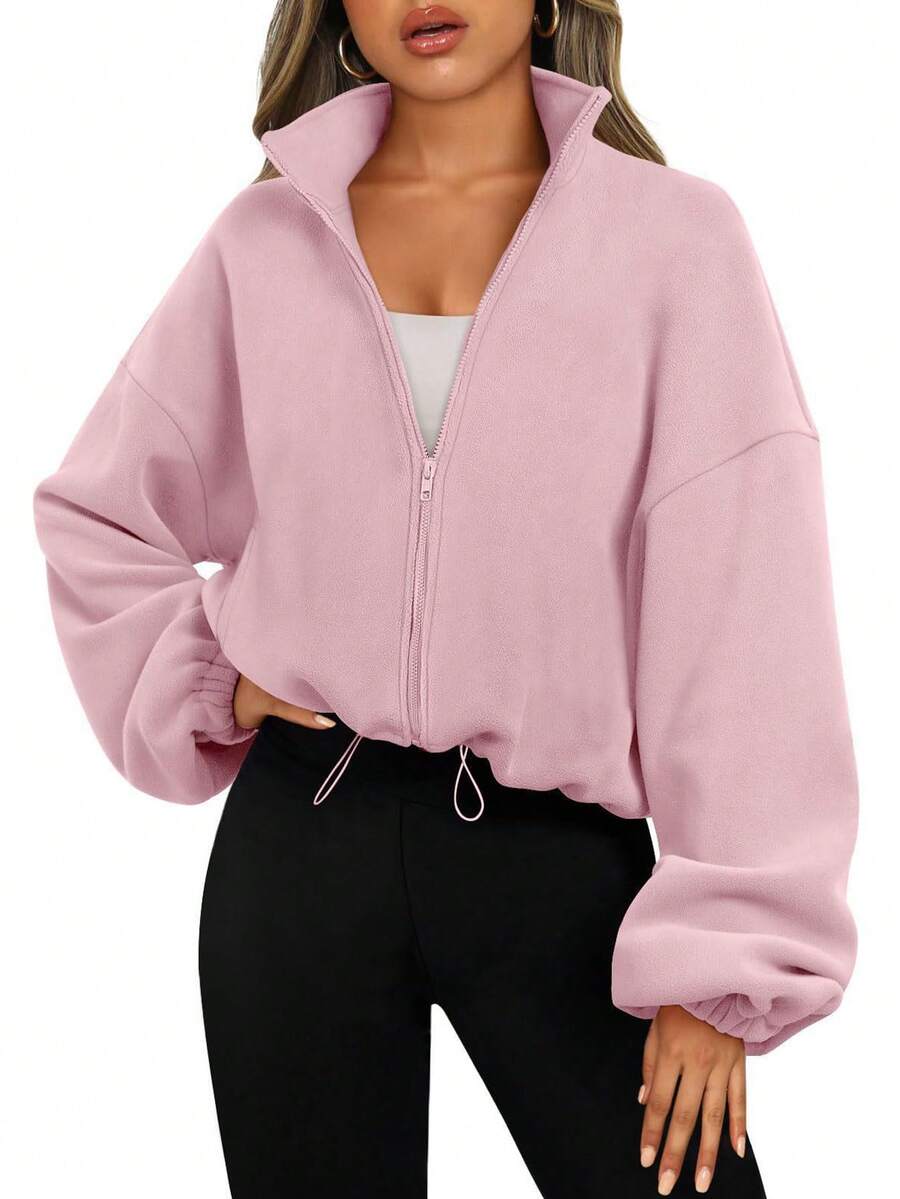 Women's Spring Fleece Crop Jacket With Zipper And Drawstring - Hồng - Xem 1