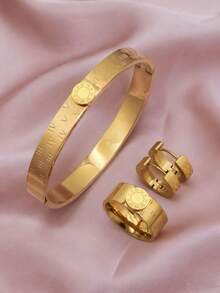 4pcs/Set New Round Roman Numeral Bracelet, Stainless Steel Enamel Bangle, Ring, Earrings Jewelry Set, Suitable For Women To Wear On Occasions Like Parties Or As Gifts For Friends