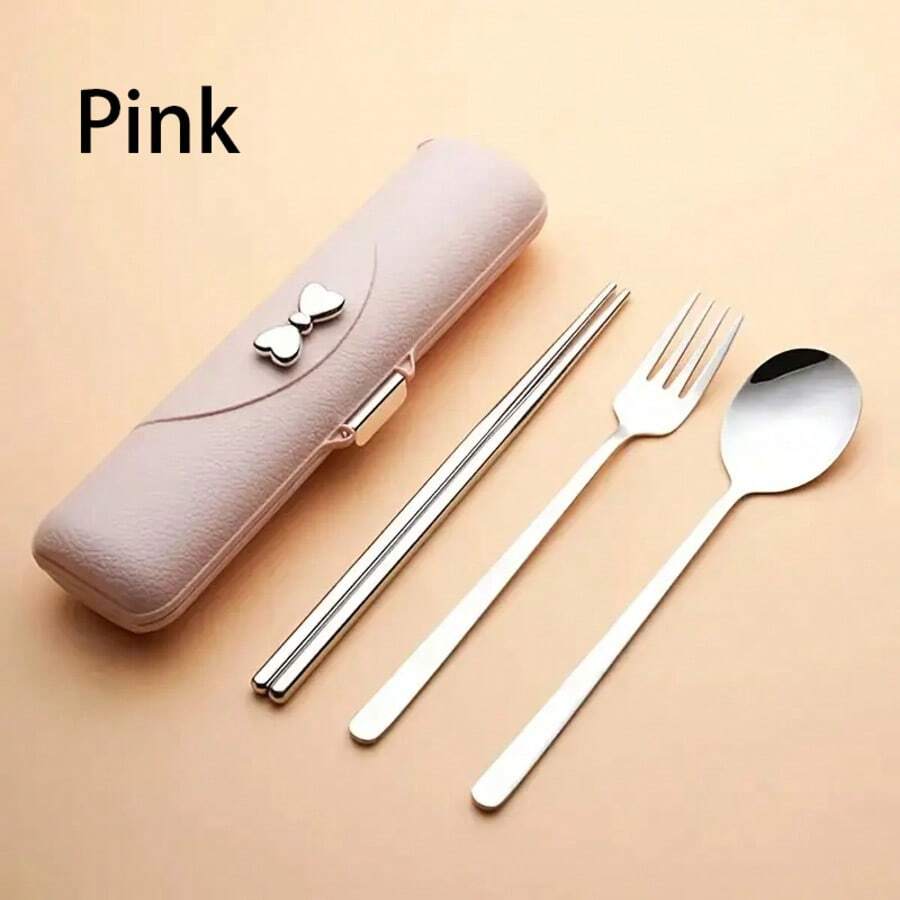 3-Piece Cutlery Set, Portable Cutlery Set, Chopsticks, Fork, Spoon With Storage Box Combination Set, Outdoor, Stainless Steel, Easy To Carry - 粉色 - 查看 1