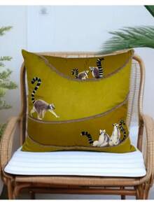 Green Monkey Pattern Striped Embroidered Decorative Cushion Cover – 45x45 Cm – Playful, Soft & Stylish – Made In Turkey - Green - View 2