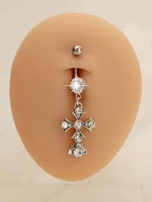 时尚个性肚脐环十字肚脐钉人体穿刺弯杆流行饰品 - 銀色 - 查看 1