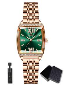 POEDAGAR 1pc Women's Rose Gold Stainless Steel Elegant Quartz Watch, Rhinestone Encrusted Barrel-Shaped Dial, Luxury Waterproof Date Display Wristwatch, Fashion Ladies Watch, Suitable For Daily Wear, Women's Gift - Rose Gold - View 21