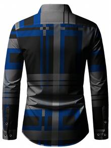 Men's Classic Fashion Designed Gray Blue Long Sleeve Single-Breasted Collar Shirt, With Grid Striped Pattern Details, Suitable For Spring, Summer, Autumn, Mature Style Fits Office Business Casual And Formal Occasions, Fall - Blue - View 2