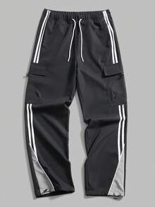 男士黑色条纹阔腿工装裤，拼接宽松直筒休闲运动裤，春秋