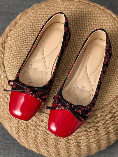 Women's Fashion Square Toe Low Vamp Apricot Bow Flat Shoes, Black & White Outdoor Casual High-End Khaki Versatile Flats