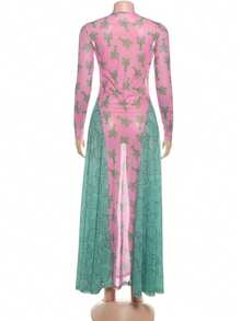 Đầm nữ kiểu vintage mới, cổ tròn, phối màu tương phản, dáng rộng, tay dài, in họa tiết, màu hồng, thanh lịch, mùa xuân. - Hồng - Xem 6