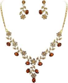 Cristal Austriaco Bola de Boda Flor Hoja Collar Pendientes Conjunto Iridiscente - Marrón Dorado - Ver 1