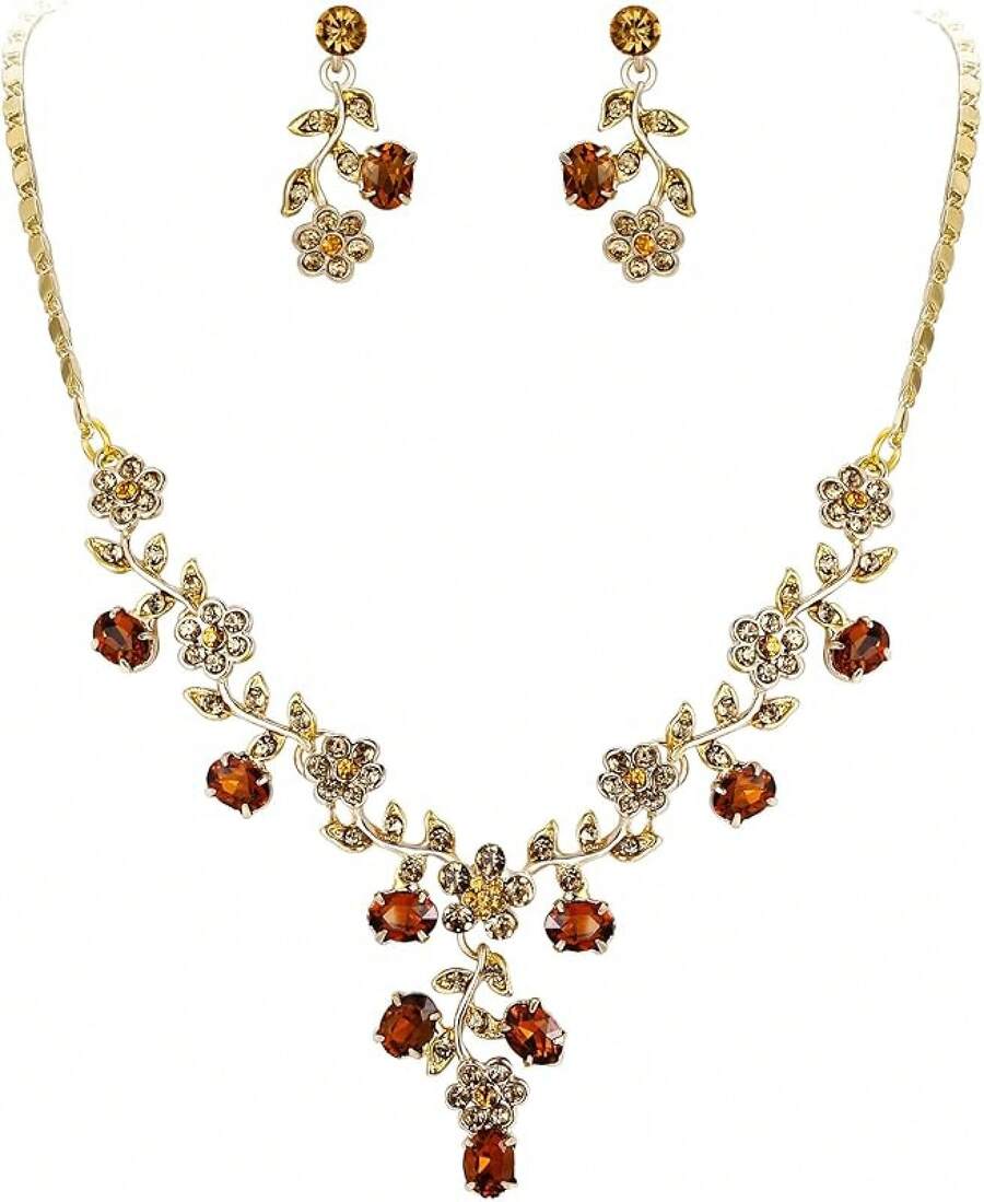 Cristal Austriaco Bola de Boda Flor Hoja Collar Pendientes Conjunto Iridiscente - Marrón Dorado - Ver 1