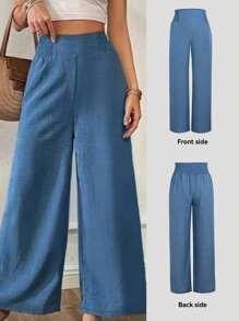 2025 New European & American Style Women's Spring/Summer Fashion Solid Color Elastic Waist Wide Leg Pants, Loose Comfortable Versatile Casual Trousers, Daily Simple
