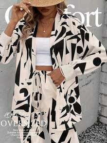 Women's Geometric Print Long-Sleeve Cardigan, Long Shirt & Pants Set - Casual Vacation Style, Soft & Comfortable Fabric - Women's Autumn Apparel - 杏色 - 查看 4
