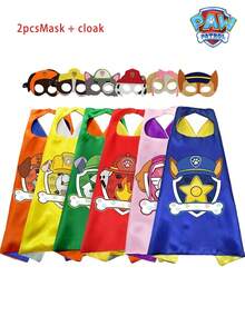 2pcs Paw Patrol Costume Eye Mask Cape Cloak Double Layer Ryder Chase Super Hero Cape, Suitable For Birthday, Christmas, Halloween, Graduation And Back To School Decoration - Multicolor - View 1