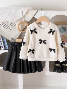 2pcs/Set Young Girls 3D Bowknot Plush Sweatshirt & Pleated Skirt Set, Spring Autumn