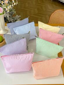 Cute Striped Pattern Makeup Handbag Large Capacity Stationery Bag Macaron Color Striped Pencil Case Portable Handheld Makeup Storage Bag Travel Organizer - Multicolor - View 2