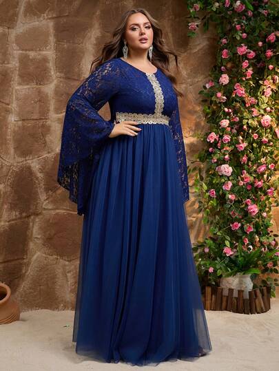 Plus Size Elegant Royal Blue Formal Dress With Lace Flare Sleeves And Golden Contrast Detail Flared Long Gown