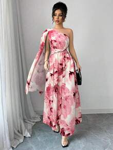 Women's Printed Dress With Bare Shoulders And A Defined Waist, Ideal For Dates, Parties, Etc. - 粉色 - 查看 5