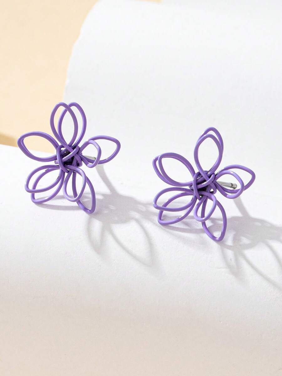 Women's Fashion Flower Earrings, Simple & Elegant Iron Wire Wrapped Small Flower Earrings, Suitable For Daily Wear, Spring/Summer Jewelry Gift - Purple - View 1