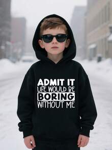 Young Boys Casual Slogan & Letter Print Hooded Sweatshirt