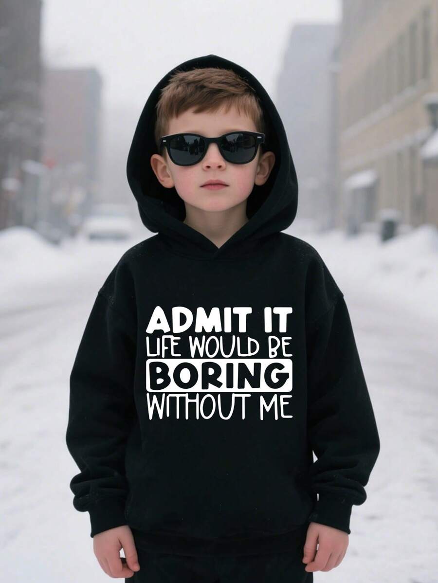 Young Boys Casual Slogan & Letter Print Hooded Sweatshirt