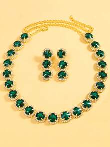 STONEFANS 1 Set Silver Tone Luxury Bridal Jewelry Set, Green Necklace & Earrings Wedding Accessories - Gold - View 3