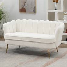 59" Wide Loveseat Sofa, Boucle/Chenille Upholstered Small Couch With Petal-Shaped Design, Modern Leisure Sofa With Gold Metal Legs, Mini Room Couch For Bedroom, Apartment - Ivory-Boucle - 查看 1