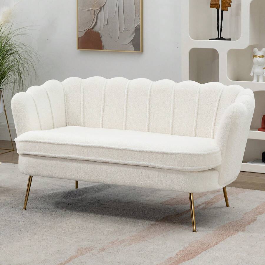 59" Wide Loveseat Sofa, Boucle/Chenille Upholstered Small Couch With Petal-Shaped Design, Modern Leisure Sofa With Gold Metal Legs, Mini Room Couch For Bedroom, Apartment - Ivory-Boucle - 查看 1