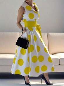 2025 Summer Fall Women's Casual Polka Dots Elegant Birthday Dress Daily A-Line Flare Shirt Dress For Women Party Evening Prom Dresses - 黃色 - 查看 3