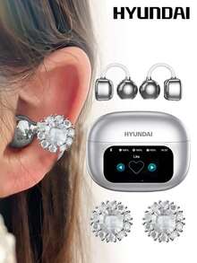 HYUNDAI 现代HY-C02时尚蓝牙耳机，配有花朵耳饰配件，触控屏幕，多功能智能降噪，超长续航，高品质音乐和游戏体验，通话清晰，舒适的开放式无线耳机，女士耳环，时尚配饰，女士礼物 - 多色+銀色花瓣耳飾 - 查看 14