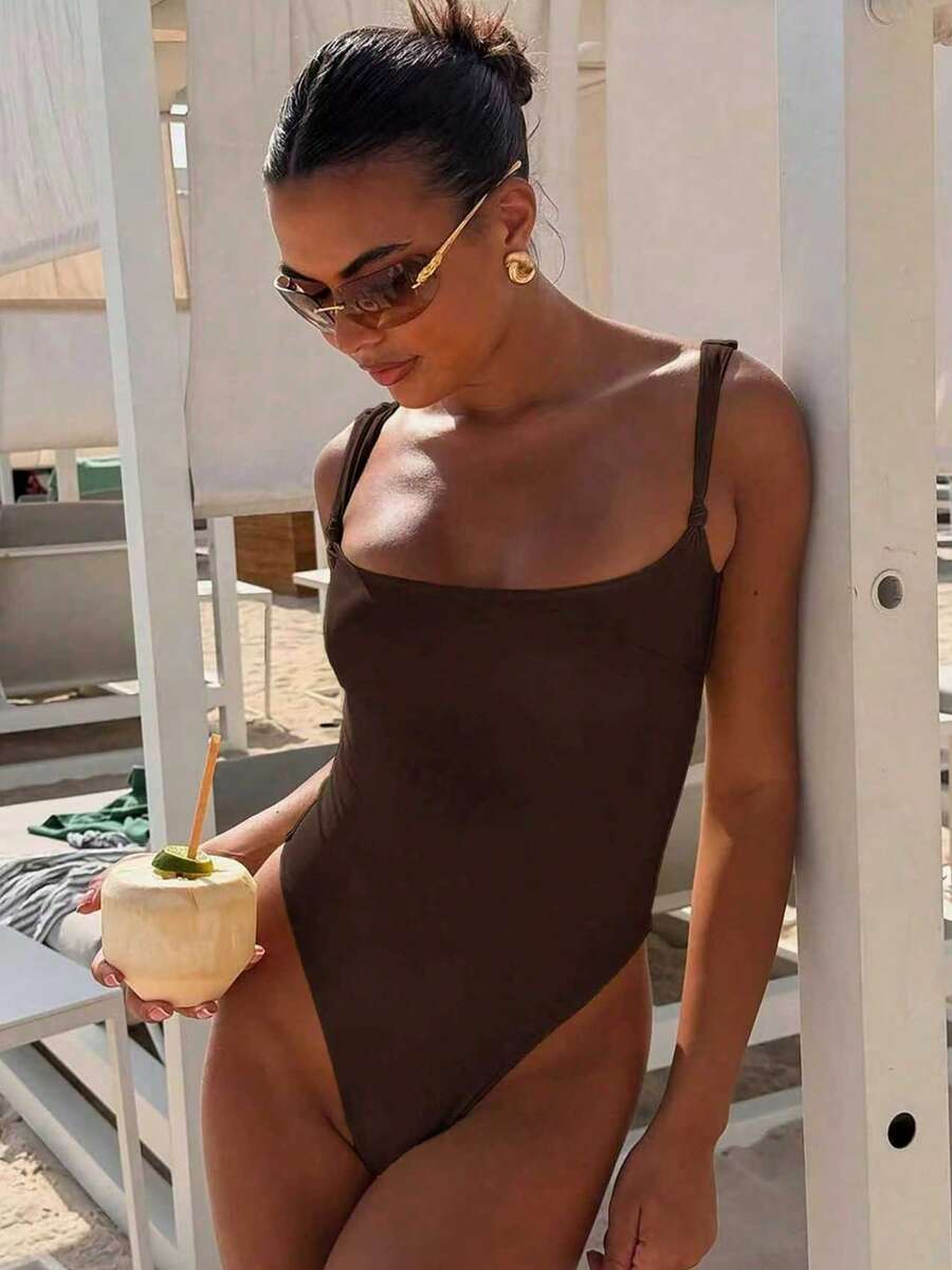 Women's Elegant Brown Beach Style Spaghetti Strap One-Piece Swimsuit