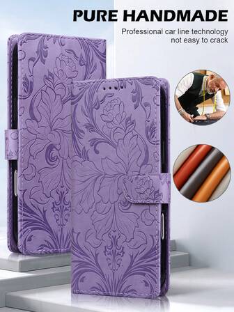 Mobiltelefonplånbok i enfärgat PU-läder med tryck, vikta kanter, kortfack och korthållare med snodd. Har en trädgårdsblommig design för totalt skydd. Lämplig för ett brett utbud av mobiltelefonmodeller av märken.