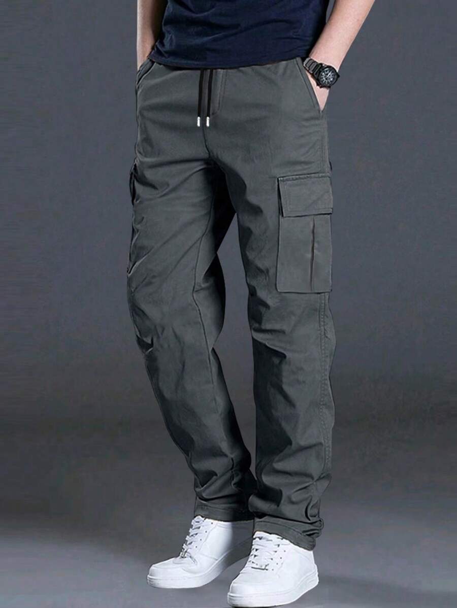 1 pezzo Pantaloni cargo da uomo di colore unito con tasche multiple, pantaloni casual estivi da spiaggia e vacanza, per uso quotidiano, sport, attività all'aperto, vestibilità morbida e comoda, stile casual, gamba dritta, adatti per l'autunno