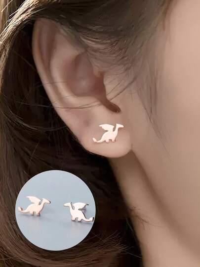 A Pair Of Sterling S925 Silver Vintage Minimalist Cute Rose Gold Mini Animal Young Dragon Ear Studs Earrings For Women Party Daily Wearing Friendship Birthday Jewelry. Gift