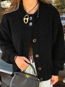 Just Masa 女士春季休闲优雅开衫，圆领纽扣长袖纯色宽松弹力简约时尚基础针织上衣，适合度假、旅行、海滩、通勤、约会、日常穿着 - 黑色 - 查看 3