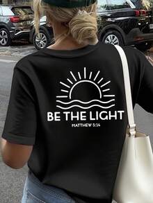 Be The Light Graphic T-Shirt, 180 G/M² Cotton T-Shirt With Double-Sided Print, Round Neck, Casual And Fashionable Style For Women (1 Piece) - 黑色 - 查看 4