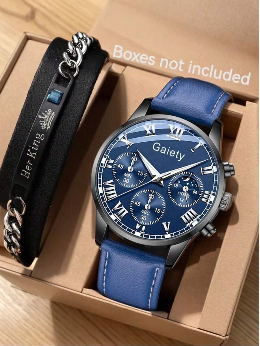 2Pcs Men's Blue PU Leather Strap Fashionable Casual Classic Retro Mixed Scale Geneva Circular Dial Quartz Watch Chain Bracelet Set For Daily Wear Or Holiday Gifts - 藍色 - 查看 1
