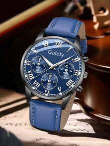 2Pcs Men's Blue PU Leather Strap Fashionable Casual Classic Retro Mixed Scale Geneva Circular Dial Quartz Watch Chain Bracelet Set For Daily Wear Or Holiday Gifts - 藍色 - 查看 3