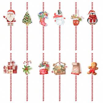 24/48pcs Christmas Decoration Cartoon Cute Cups Paper Straws 24pcs Scene Decoration Props Party Supplies