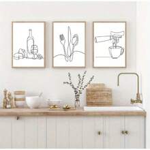 3 Pieces Of Line Painting Kitchen Wall Art Modern Black And White Simple Kitchen Abstract Line Art Poster Print Dining Room Wall Decoration Canvas Painting Picture Home Decoration Frameless Line Art, 2D Flat Printing Poster, Frameless Painting